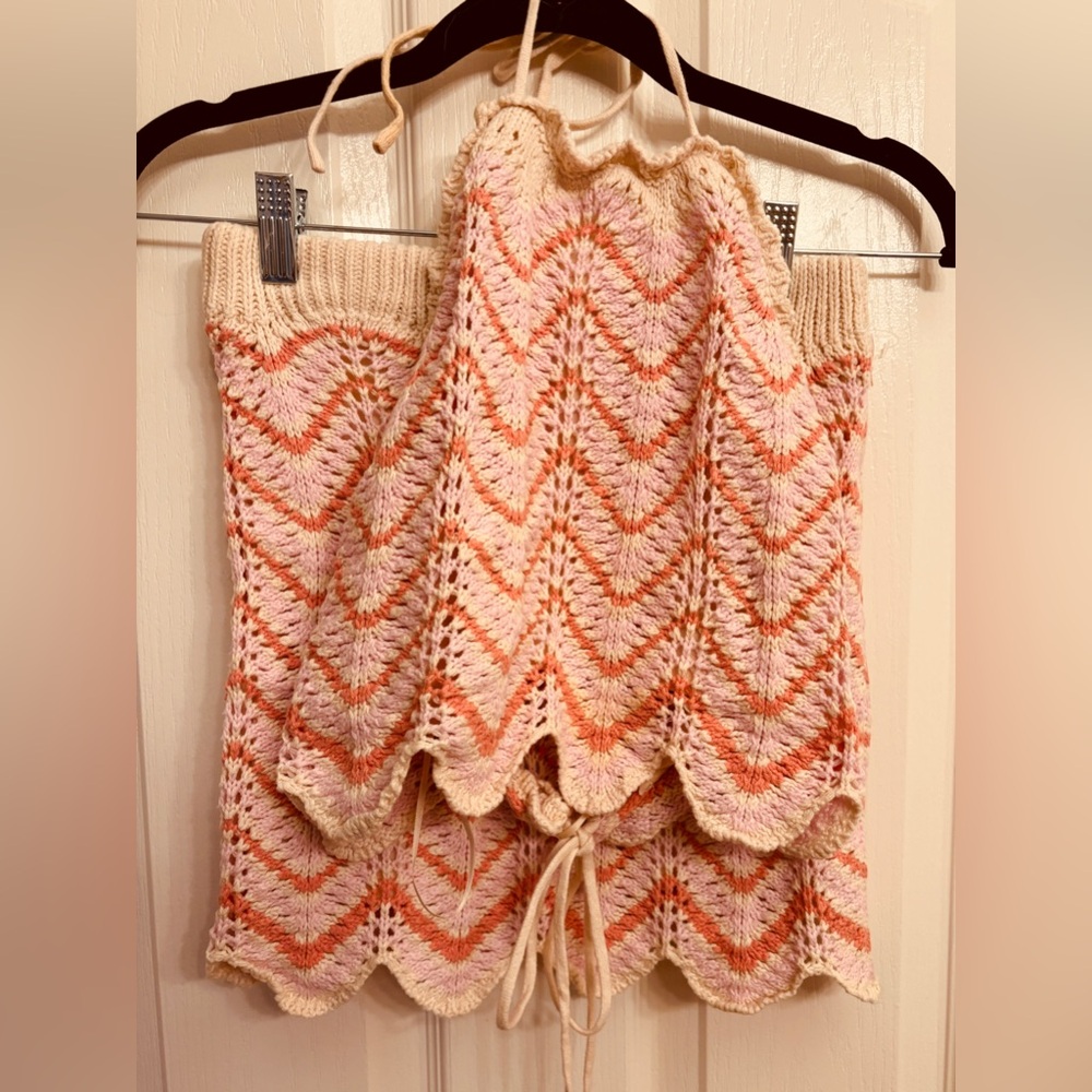Freshman 1996 Pink Orange and White Cream Knit Two Piece Outfit Women’s XS